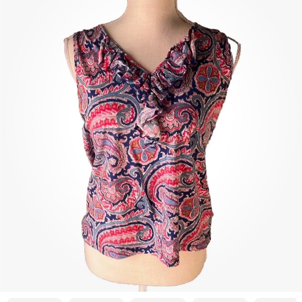 Lauren Ralph Lauren Paisley V Neck Sleeveless w Ruffle Front Size PL